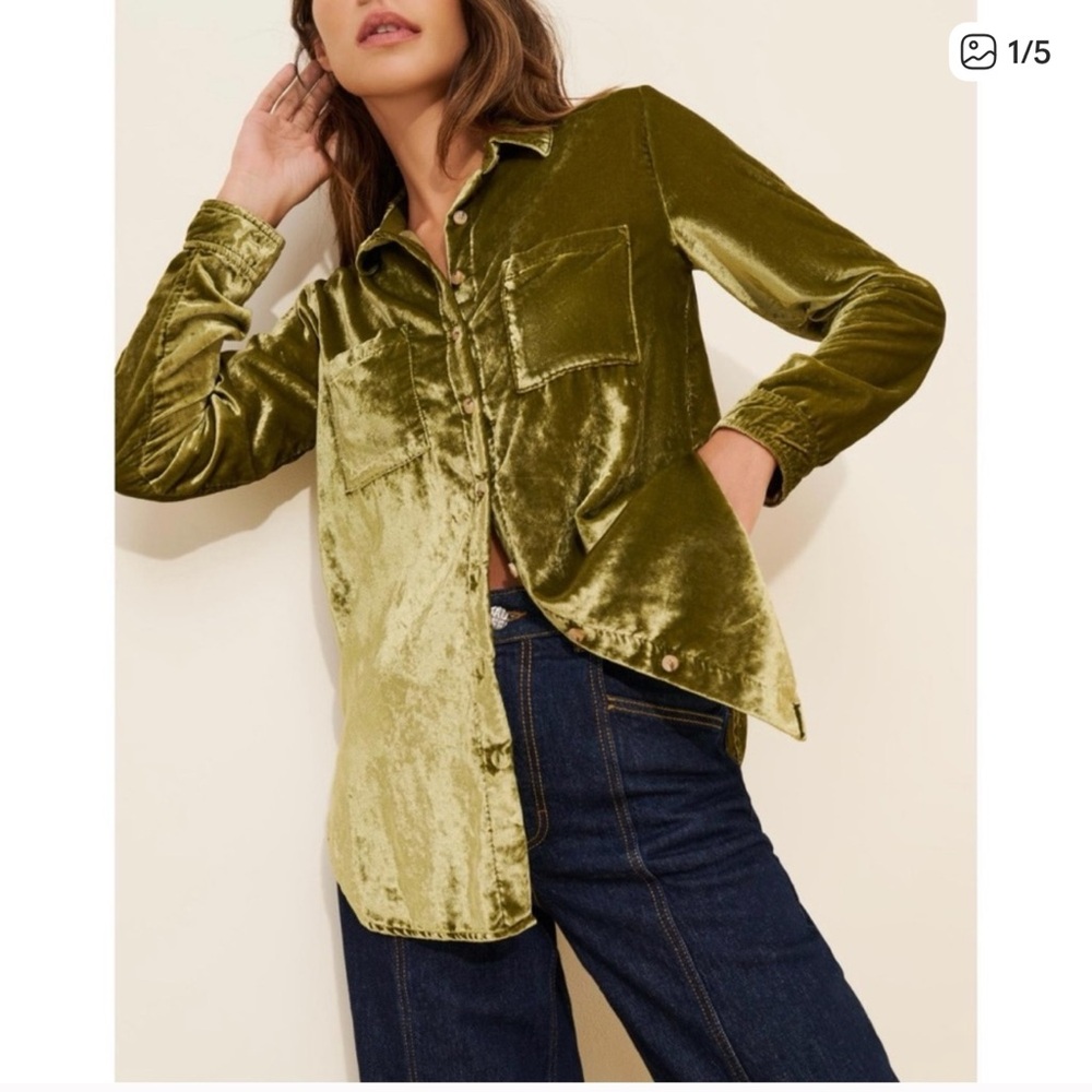 Anthropologie Green Velvet Button-Down Shirt